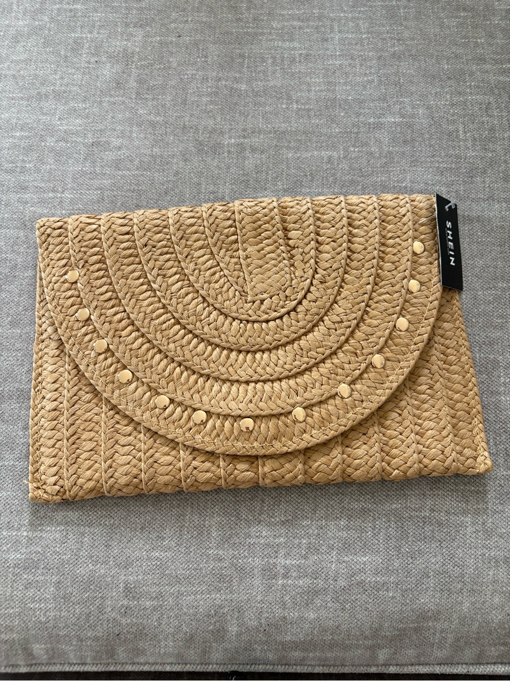 SHEIN Tan Straw Envelope Clutch with Gold Studs